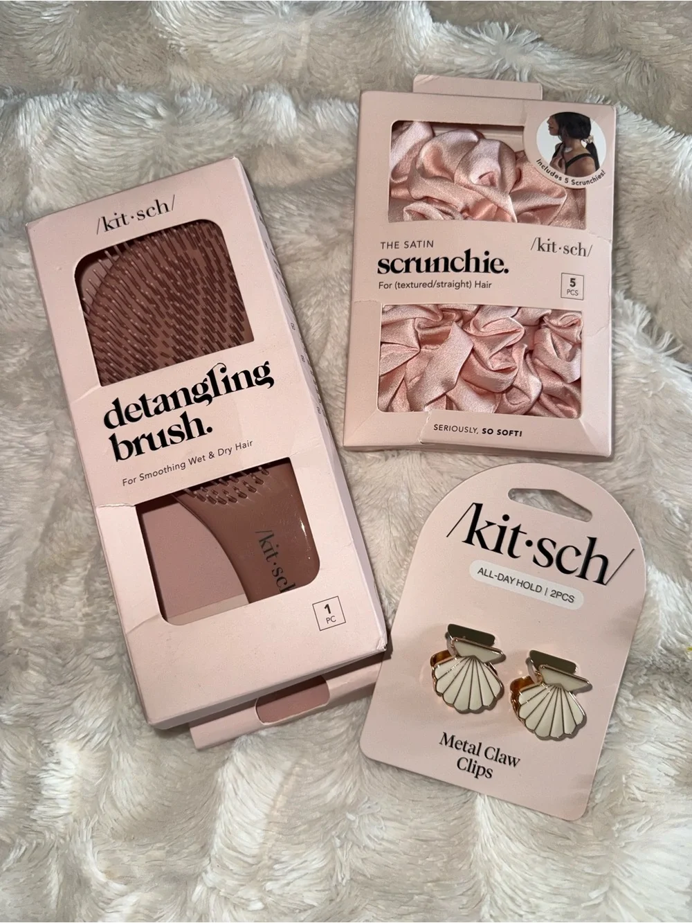 Kitsch hair bundle, 3pc. Brush, 5 satin scrunchies, 2 shell claw clips